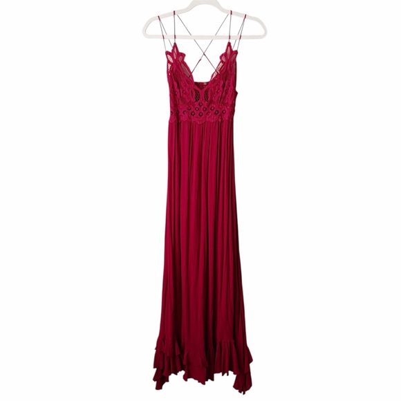 FP One | Adella Crochet Lace Maxi Dress Ruffles Strappy Boho Romantic Red Small - Picture 4 of 12